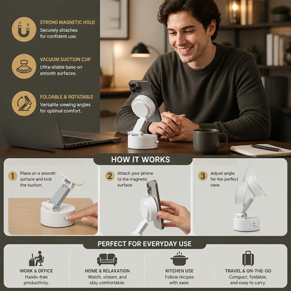 Magnetic Phone Holder with Vacuum Suction Cup – Foldable & Double-Sided, Universal for All Smartphones