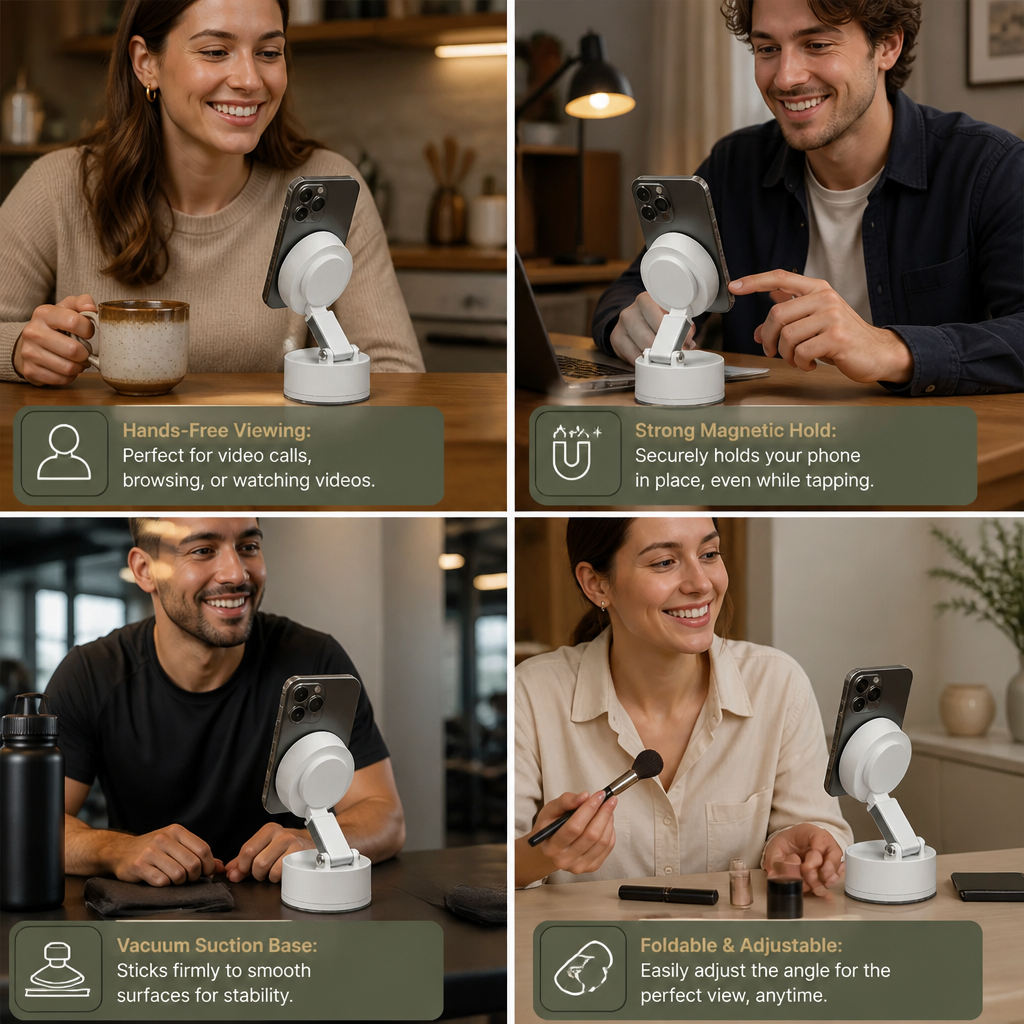 Magnetic Phone Holder with Vacuum Suction Cup – Foldable & Double-Sided, Universal for All Smartphones