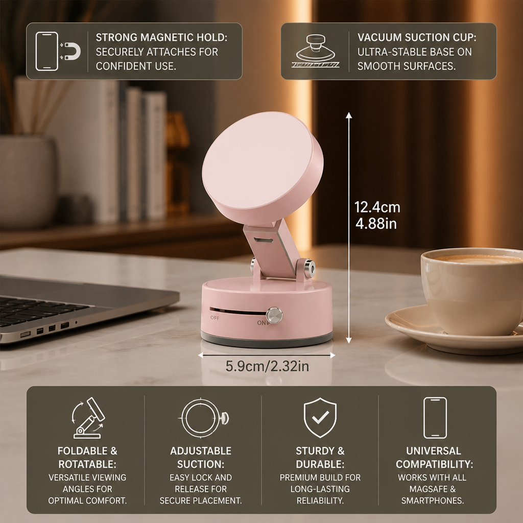 Magnetic Phone Holder with Vacuum Suction Cup – Foldable & Double-Sided, Universal for All Smartphones