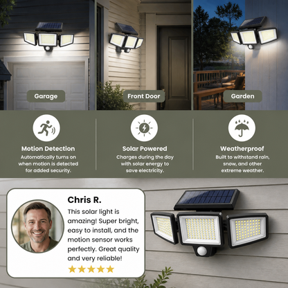Waterproof LED Solar Outdoor Light with 3 Spotlights – 3 Lighting Modes & Motion Detection