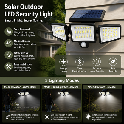 Waterproof LED Solar Outdoor Light with 3 Spotlights – 3 Lighting Modes & Motion Detection