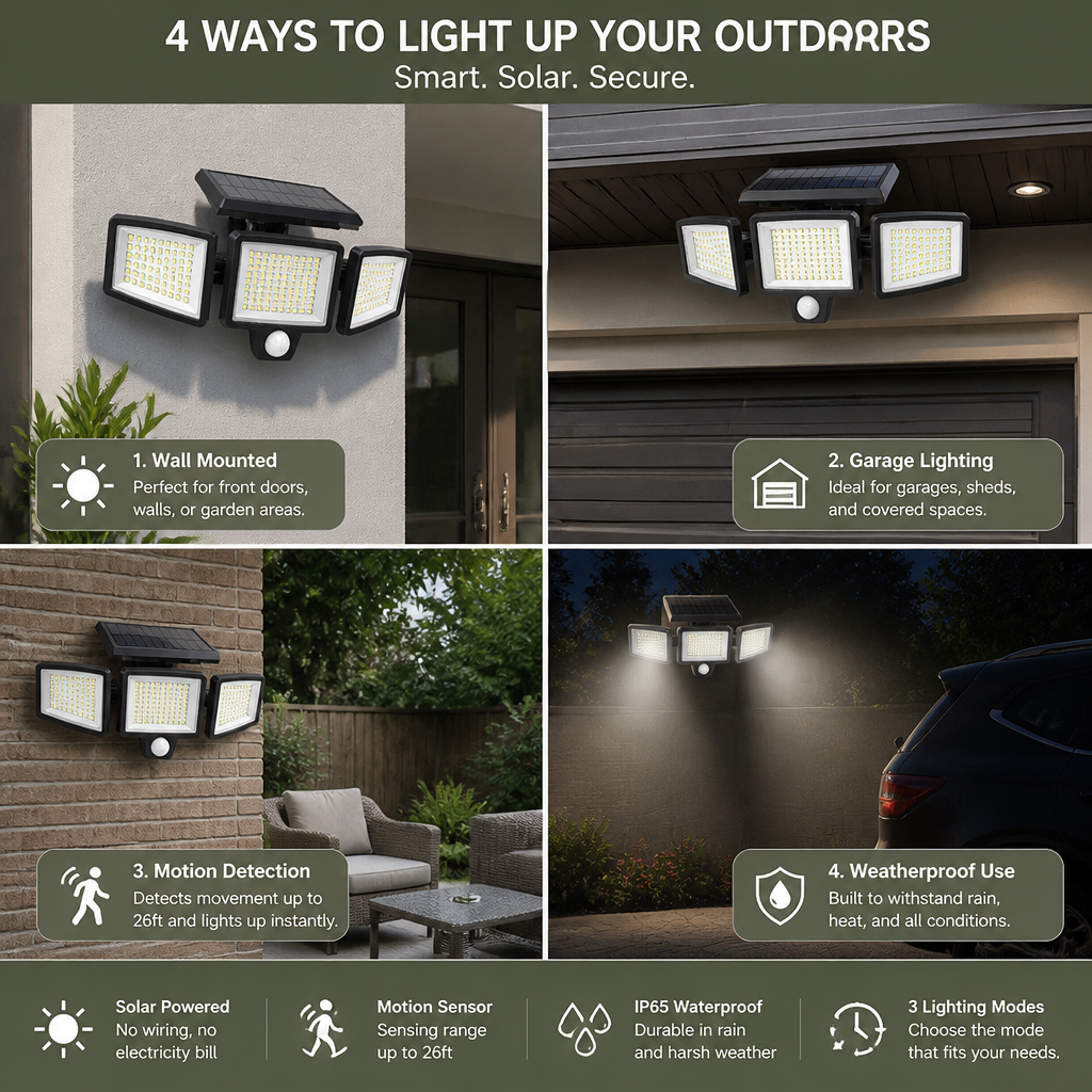 Waterproof LED Solar Outdoor Light with 3 Spotlights – 3 Lighting Modes & Motion Detection