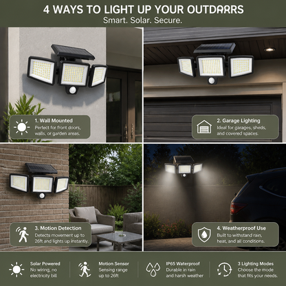 Waterproof LED Solar Outdoor Light with 3 Spotlights – 3 Lighting Modes & Motion Detection