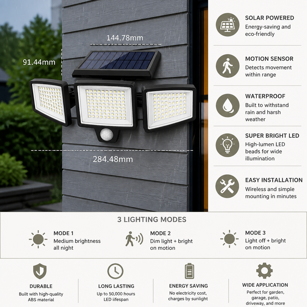 Waterproof LED Solar Outdoor Light with 3 Spotlights – 3 Lighting Modes & Motion Detection