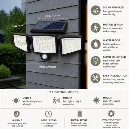 Waterproof LED Solar Outdoor Light with 3 Spotlights – 3 Lighting Modes & Motion Detection