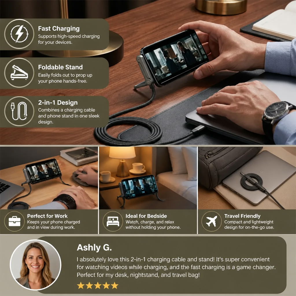 2-in-1 Foldable Fast Charging Cable & Phone Stand