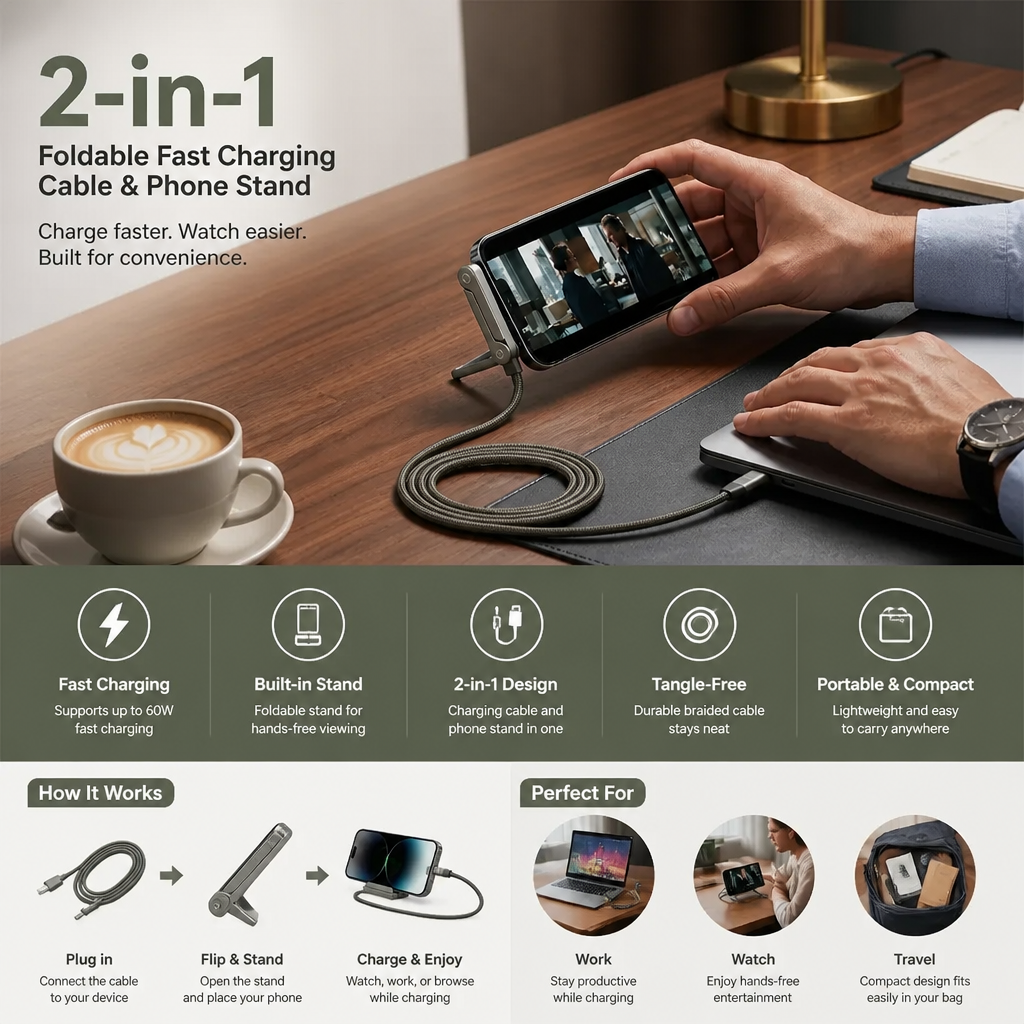 2-in-1 Foldable Fast Charging Cable & Phone Stand