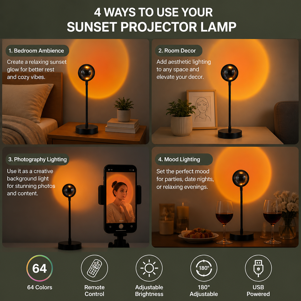 Sunset Projector Lamp – 180° Adjustable Ambient Light with Remote Control
