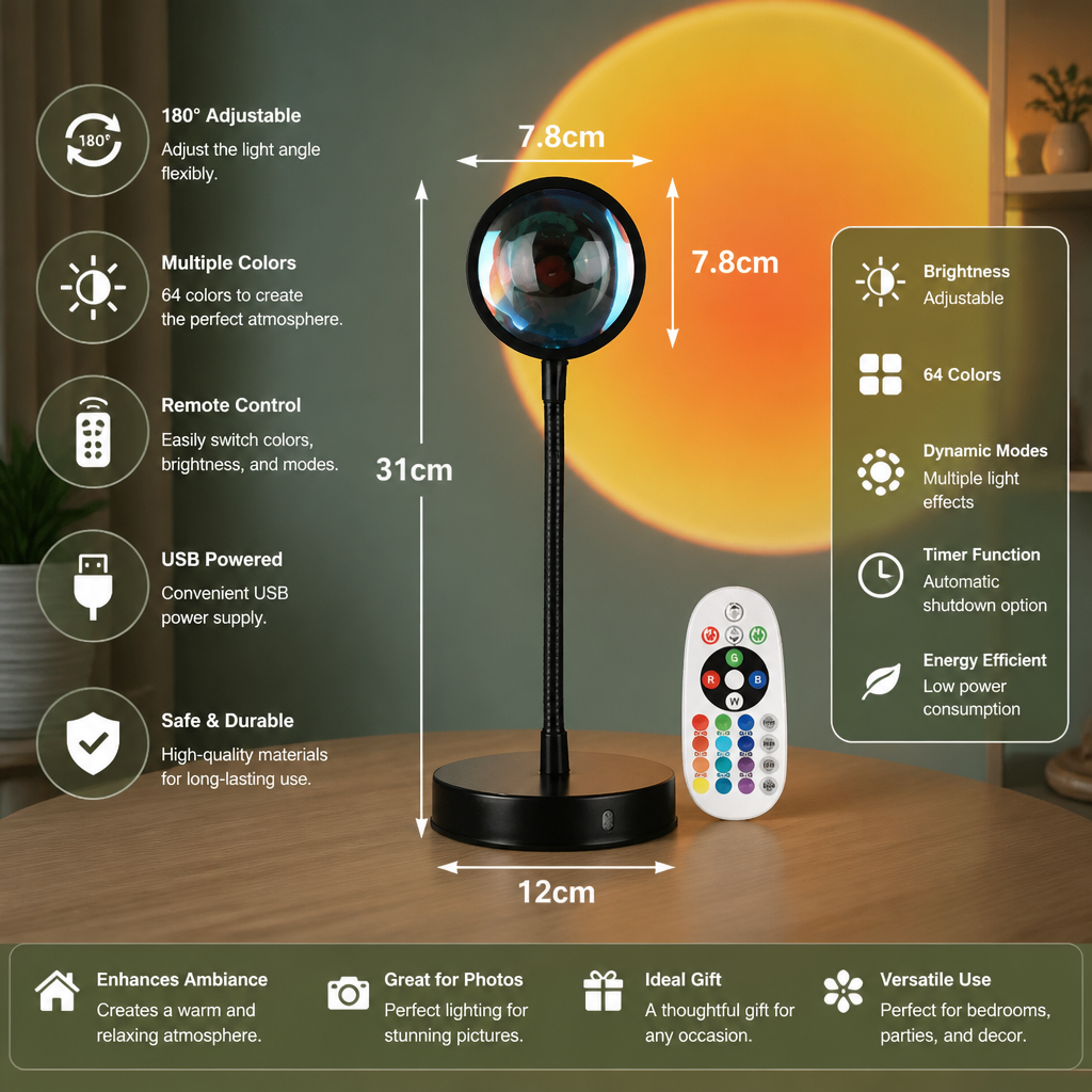 Sunset Projector Lamp – 180° Adjustable Ambient Light with Remote Control