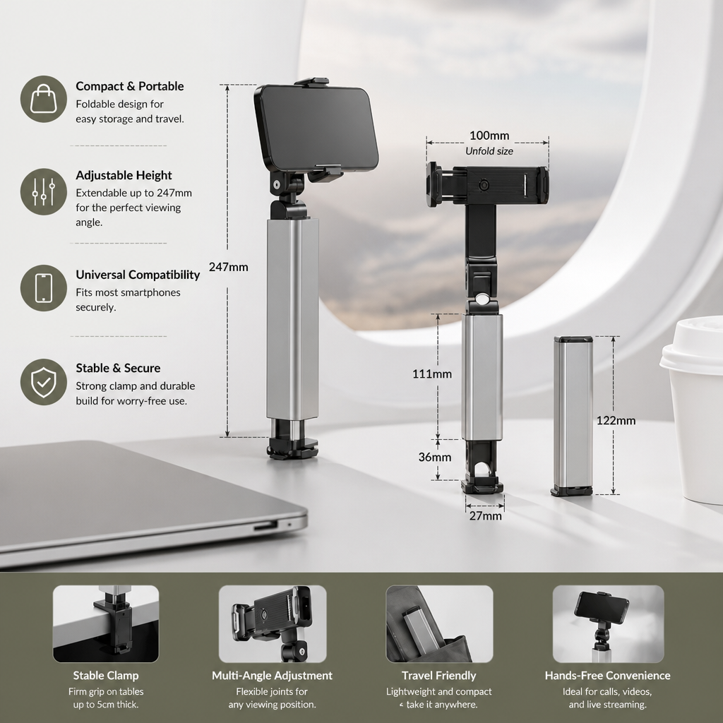 Travel Phone Holder – Foldable and Adjustable Stand for Comfortable Use On the Go