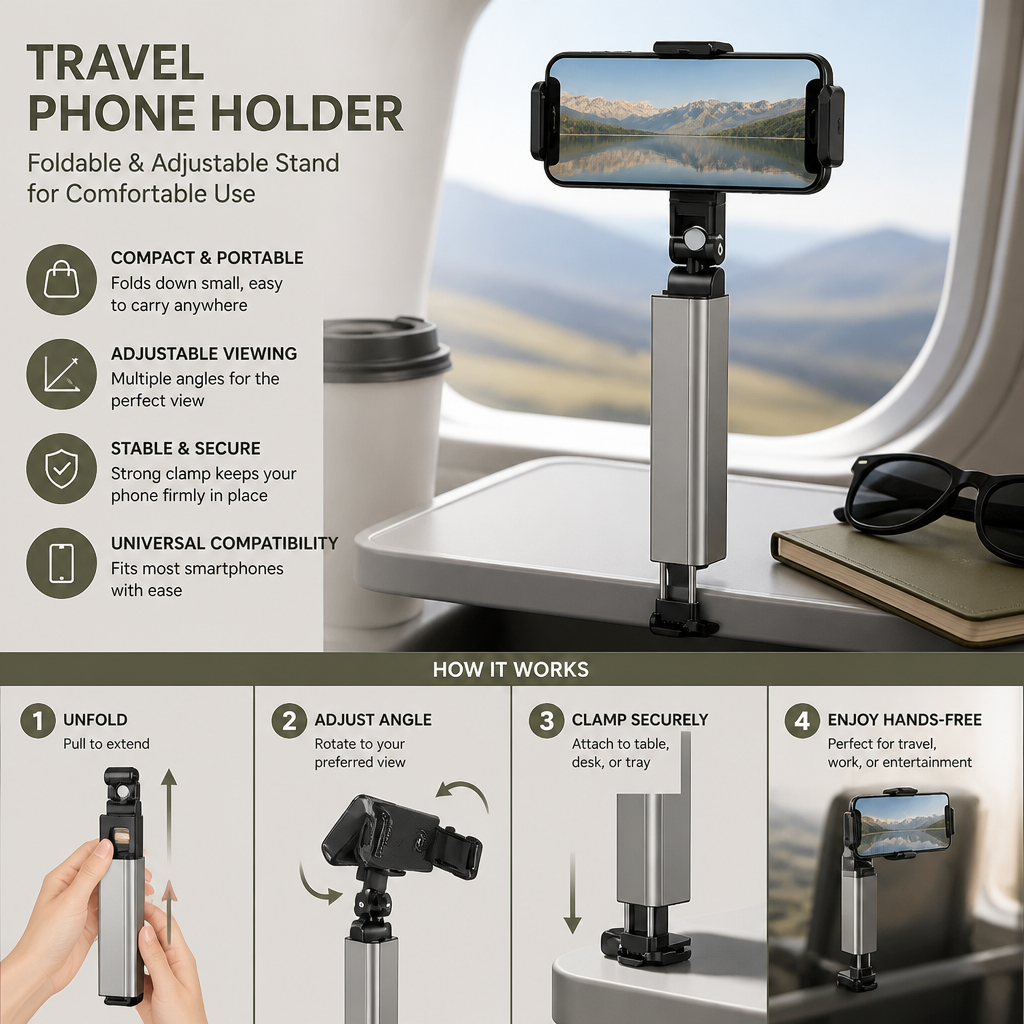 Travel Phone Holder – Foldable and Adjustable Stand for Comfortable Use On the Go