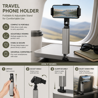 Travel Phone Holder – Foldable and Adjustable Stand for Comfortable Use On the Go