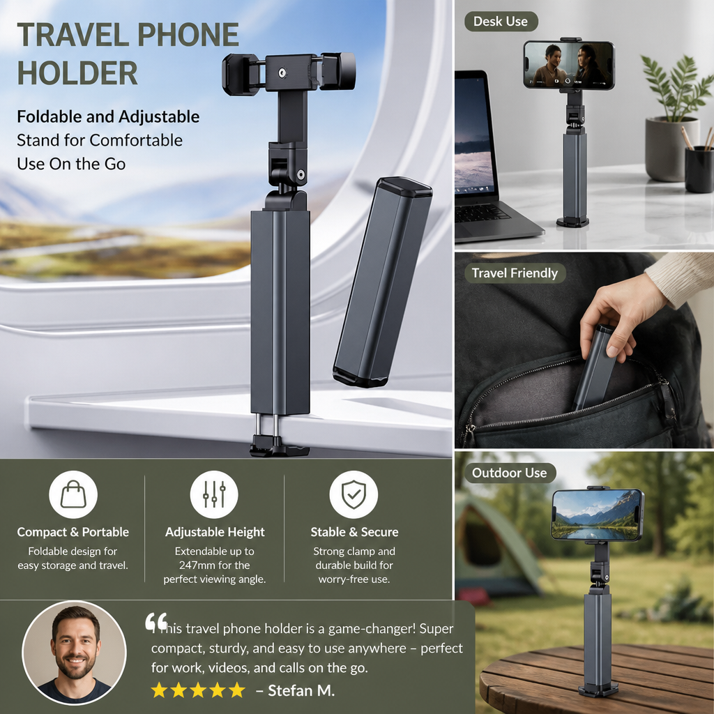 Travel Phone Holder – Foldable and Adjustable Stand for Comfortable Use On the Go