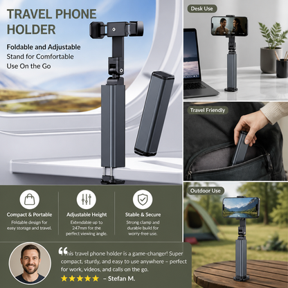 Travel Phone Holder – Foldable and Adjustable Stand for Comfortable Use On the Go