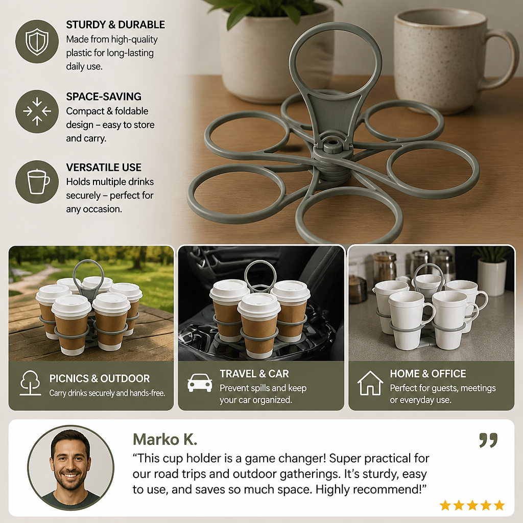 Foldable, Rotating Cup Holder – with 6 slots for glasses & cups, ideal for on the go