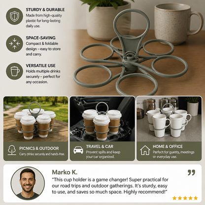 Foldable, Rotating Cup Holder – with 6 slots for glasses & cups, ideal for on the go