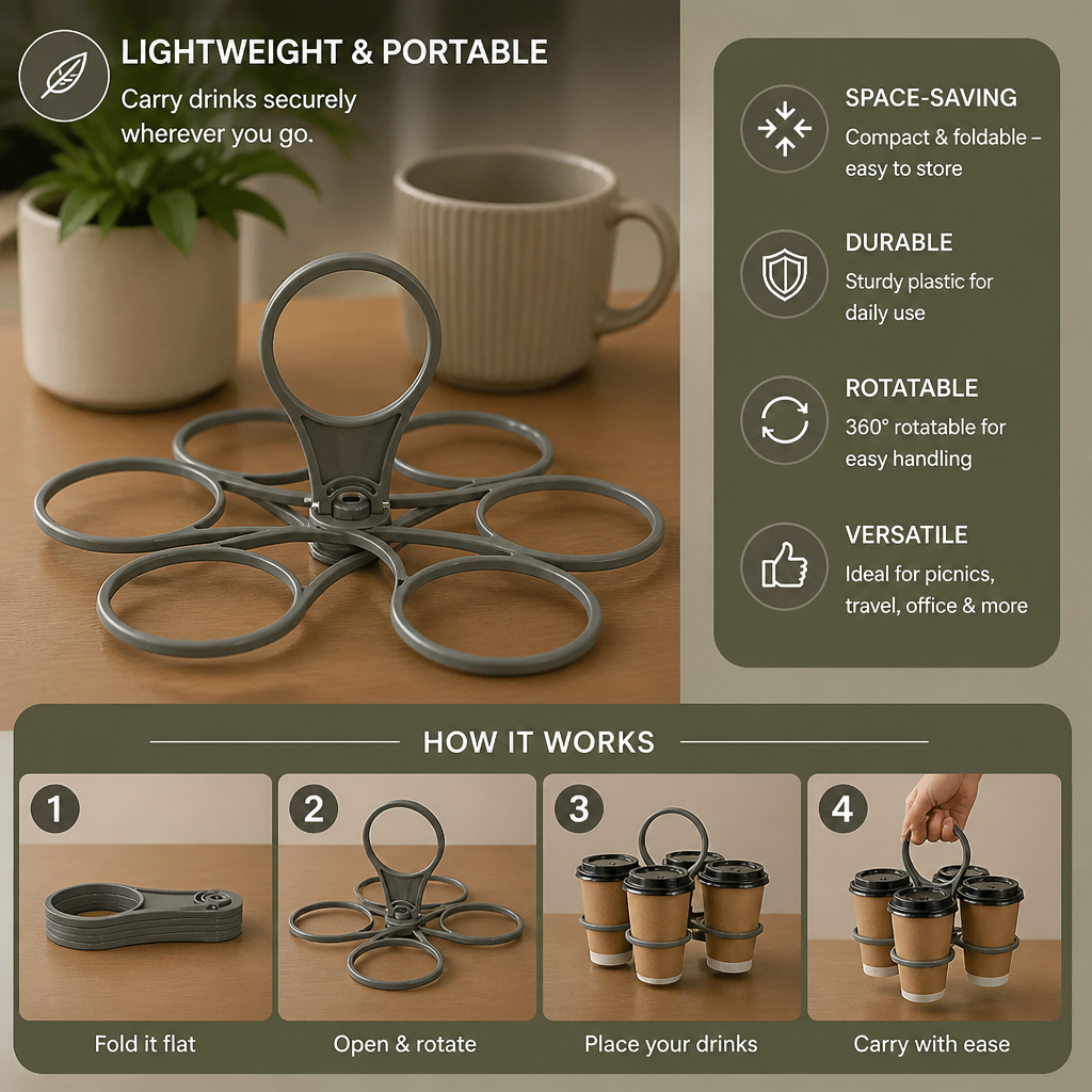 Foldable, Rotating Cup Holder – with 6 slots for glasses & cups, ideal for on the go