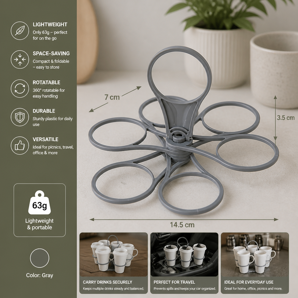 Foldable, Rotating Cup Holder – with 6 slots for glasses & cups, ideal for on the go