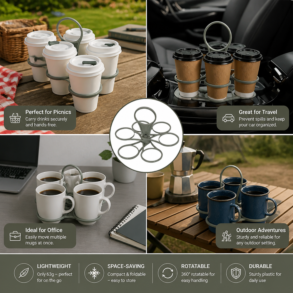 Foldable, Rotating Cup Holder – with 6 slots for glasses & cups, ideal for on the go
