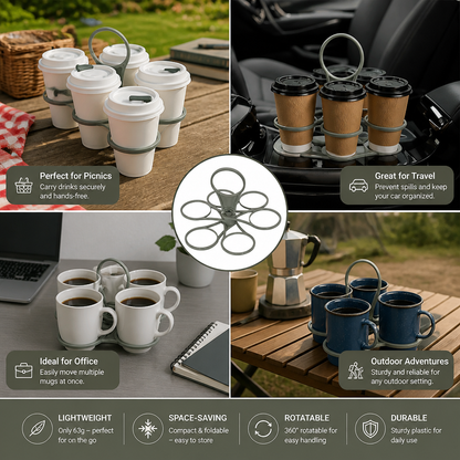 Foldable, Rotating Cup Holder – with 6 slots for glasses & cups, ideal for on the go