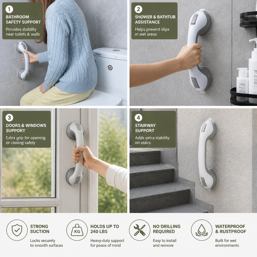 Heavy-Duty Suction Cup Safety Grab Bar – Anti-Slip Bathroom Support Handle