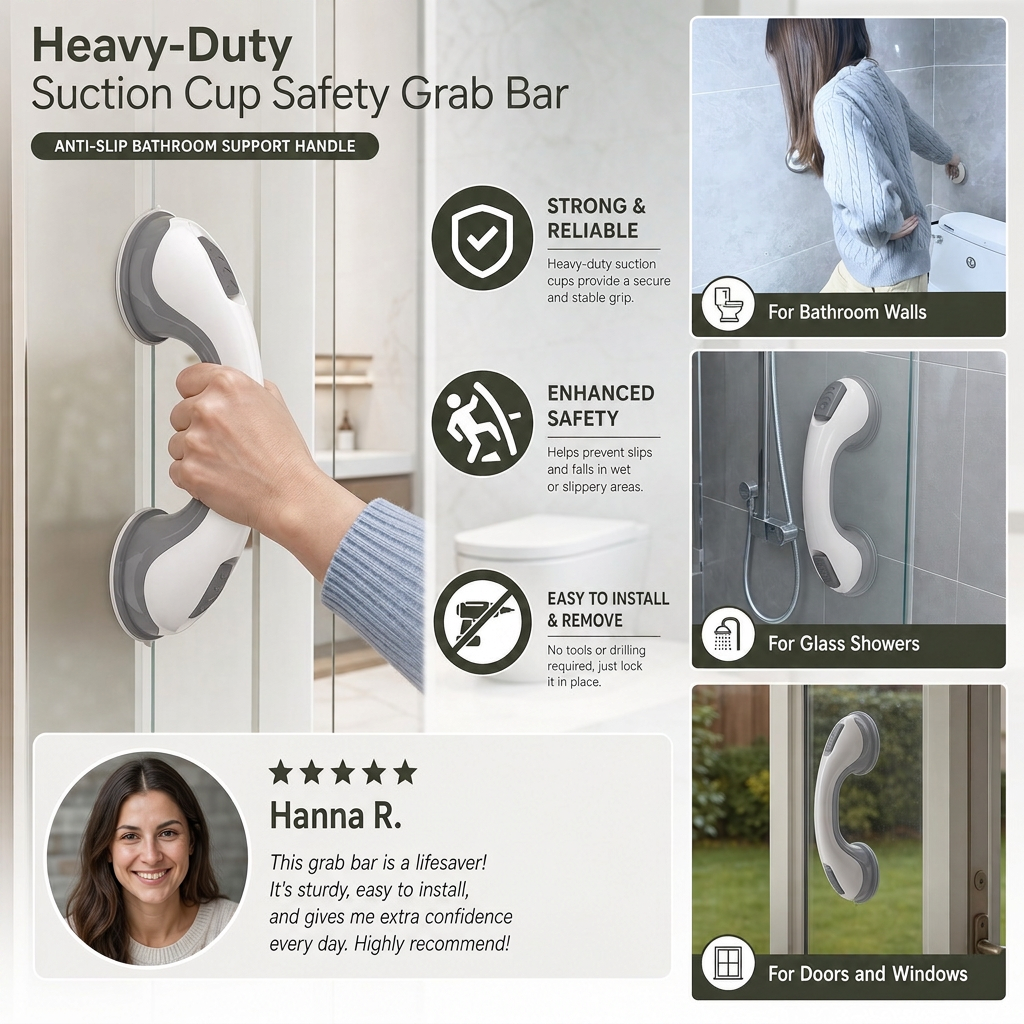 Heavy-Duty Suction Cup Safety Grab Bar – Anti-Slip Bathroom Support Handle