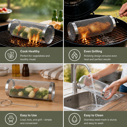 Practical Stainless Steel Grill Basket – Rotating BBQ Grill Basket for Outdoor Grilling