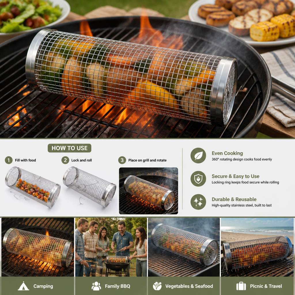 Practical Stainless Steel Grill Basket – Rotating BBQ Grill Basket for Outdoor Grilling
