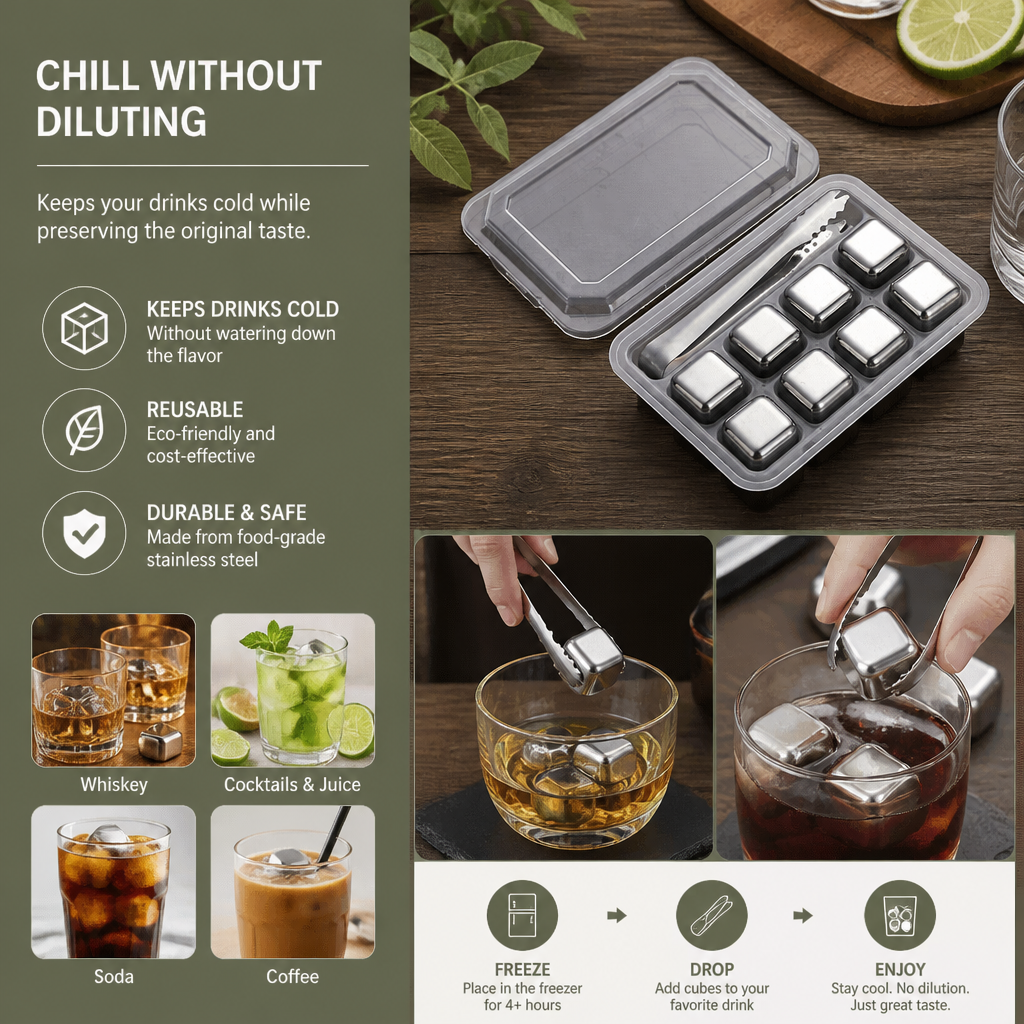 Practical Stainless Steel Ice Cubes – Reusable Cooling Set for Cold Drinks