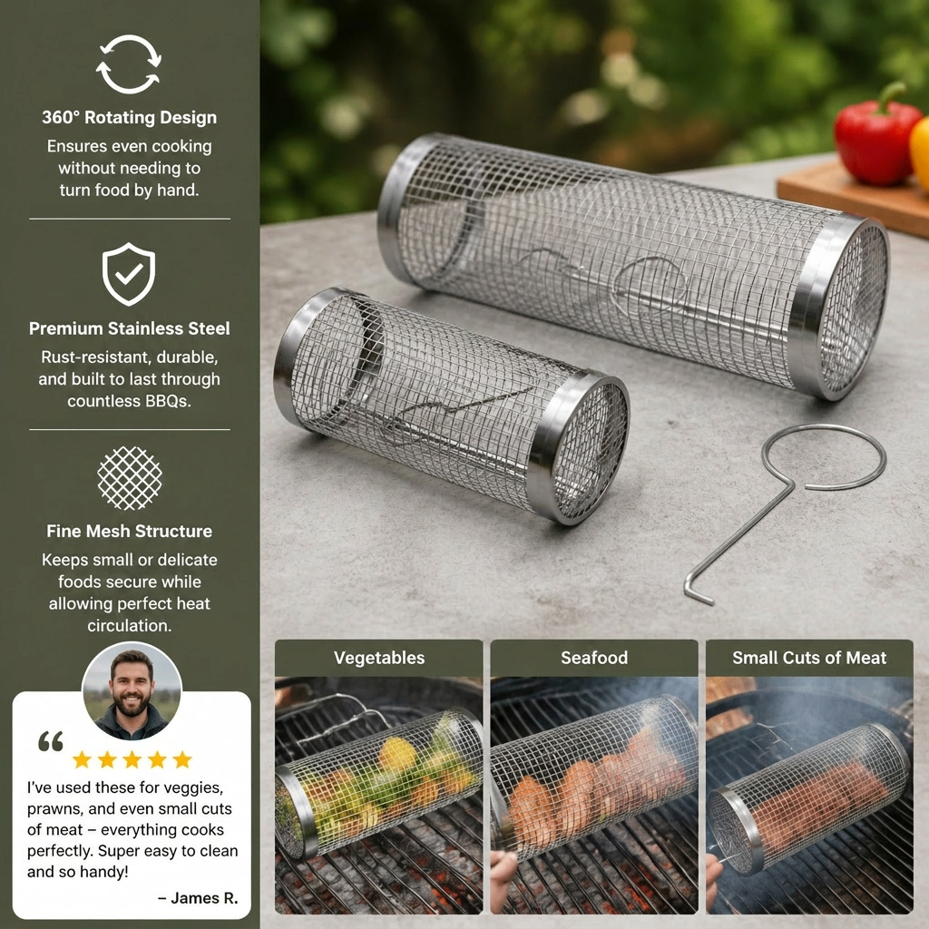 Practical Stainless Steel Grill Basket – Rotating BBQ Grill Basket for Outdoor Grilling