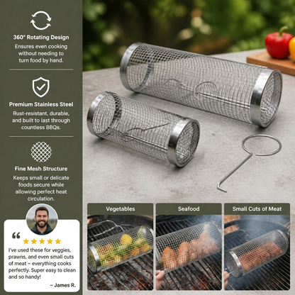 Practical Stainless Steel Grill Basket – Rotating BBQ Grill Basket for Outdoor Grilling