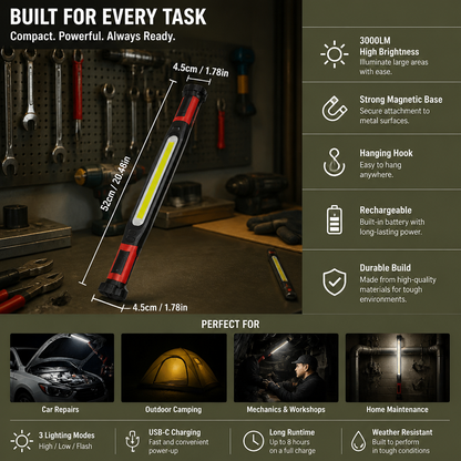 LED Work Light 3000LM – Rechargeable, Magnetic Base & Hanging Hook