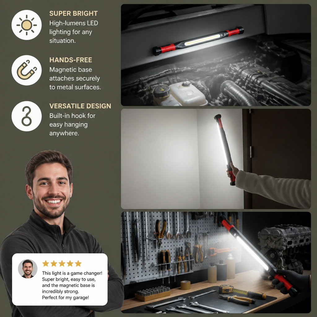 LED Work Light 3000LM – Rechargeable, Magnetic Base & Hanging Hook