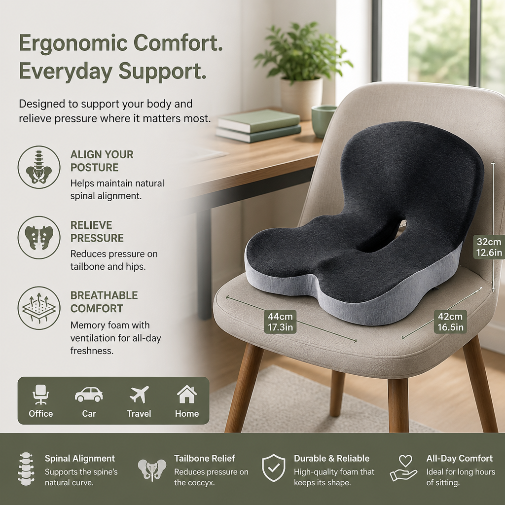 Orthopedic Memory Foam Seat Cushion – Relief for Tailbone & Back