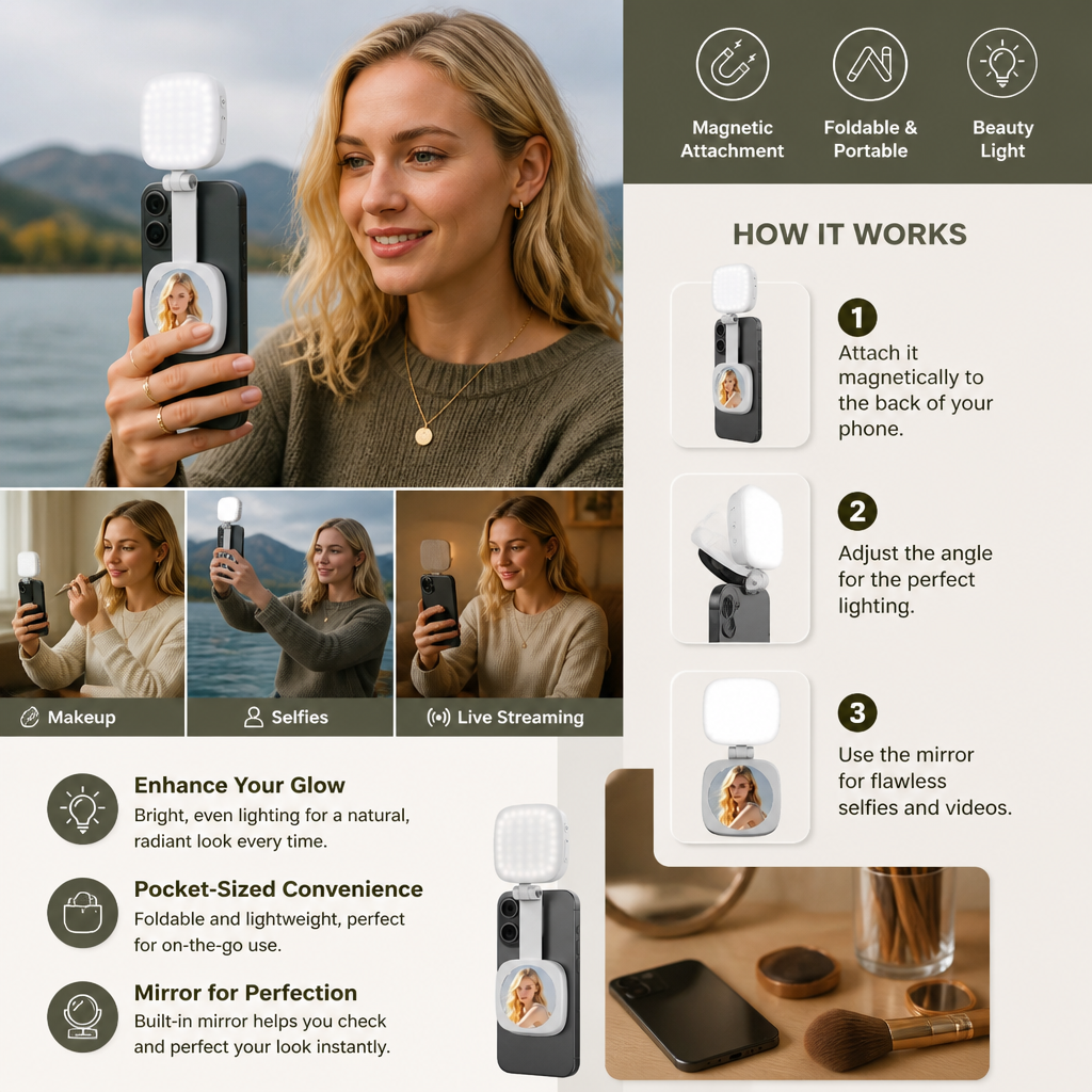 Magnetic LED Selfie & Beauty Light for Smartphones – Foldable, Portable with Mirror