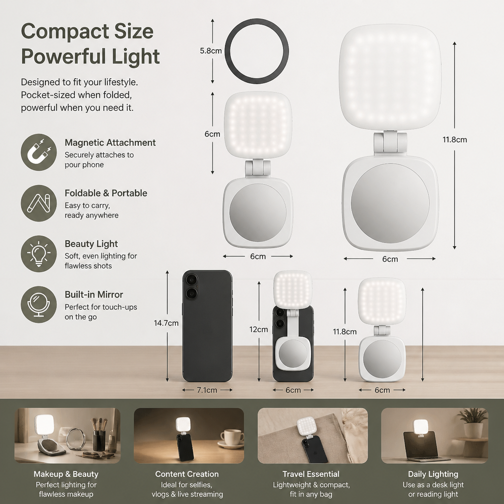 Magnetic LED Selfie & Beauty Light for Smartphones – Foldable, Portable with Mirror