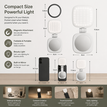 Magnetic LED Selfie & Beauty Light for Smartphones – Foldable, Portable with Mirror
