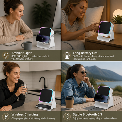 Multifunctional Bluetooth Speaker – With Lighting, Wireless Charging and Adjustable Phone Holder