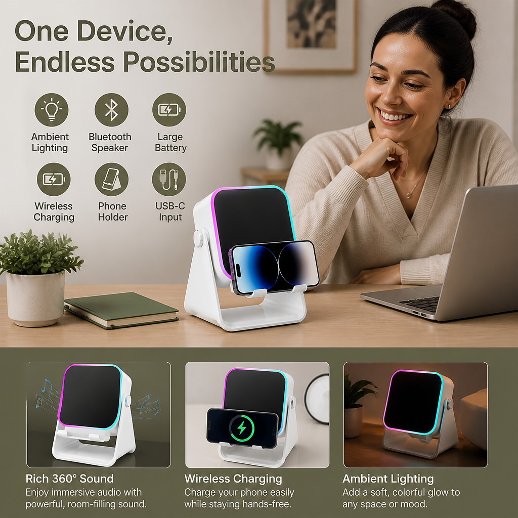 Multifunctional Bluetooth Speaker – With Lighting, Wireless Charging and Adjustable Phone Holder