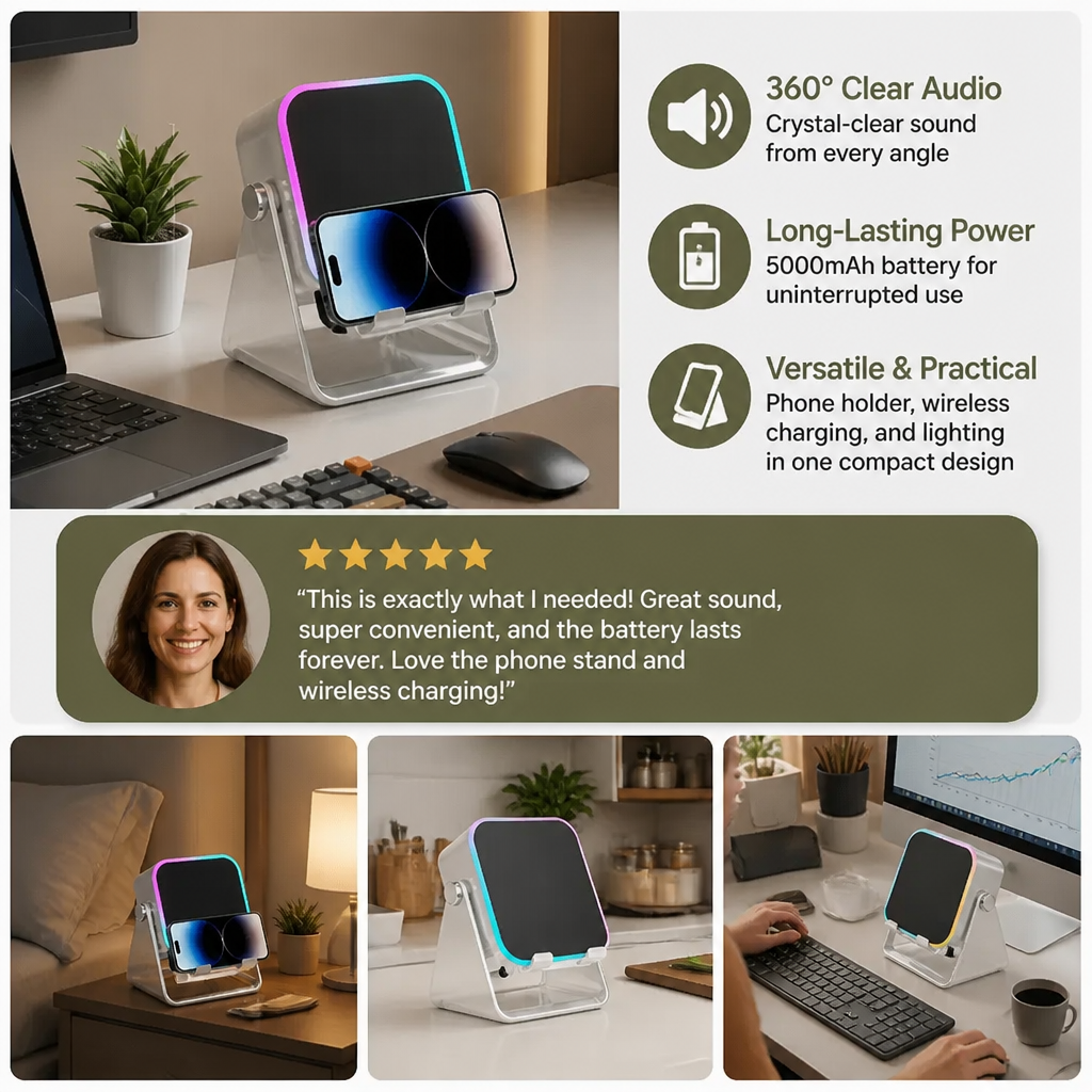 Multifunctional Bluetooth Speaker – With Lighting, Wireless Charging and Adjustable Phone Holder