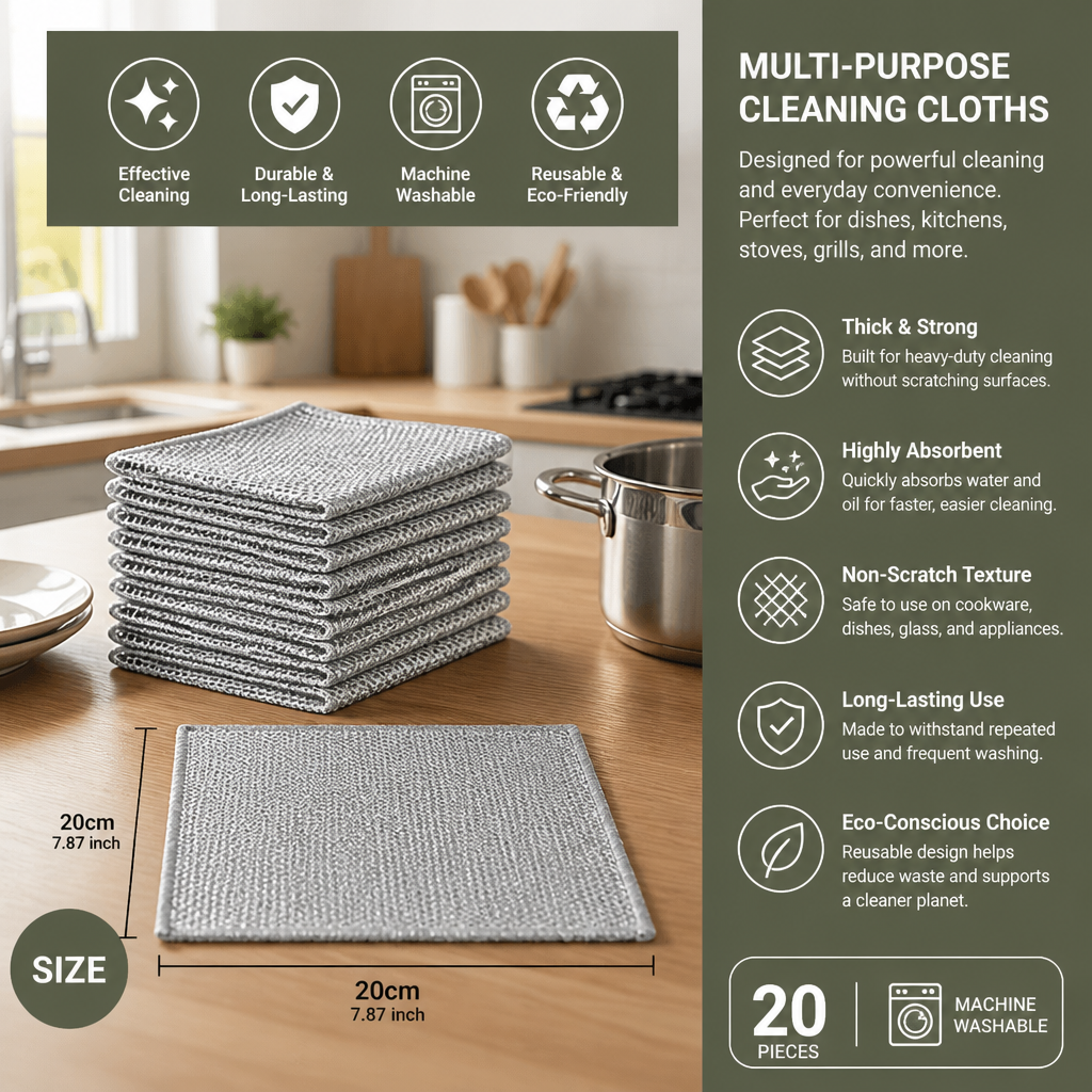Multi-Purpose Reusable Cleaning Cloths – For Dishes, Kitchen, Stove & Grill (20 Pieces)