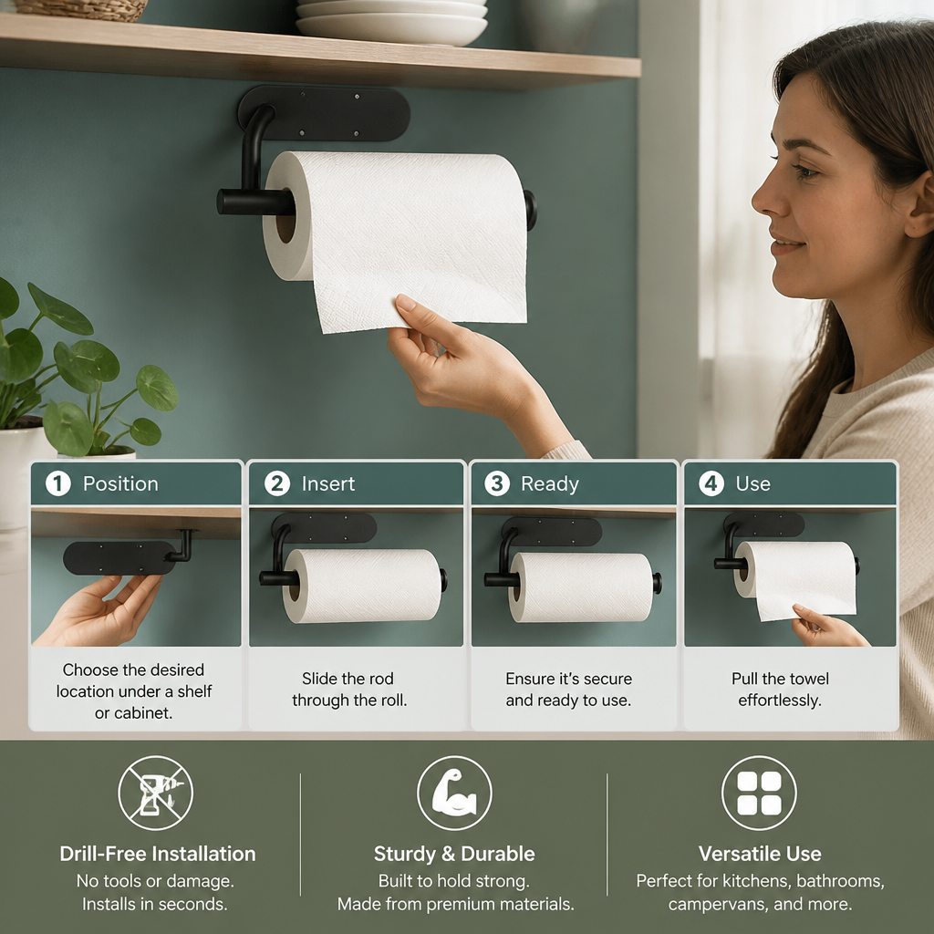 Modern Stainless Steel Roll Holder – Drill-Free Mount for Versatile Use