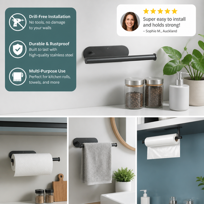 Modern Stainless Steel Roll Holder – Drill-Free Mount for Versatile Use