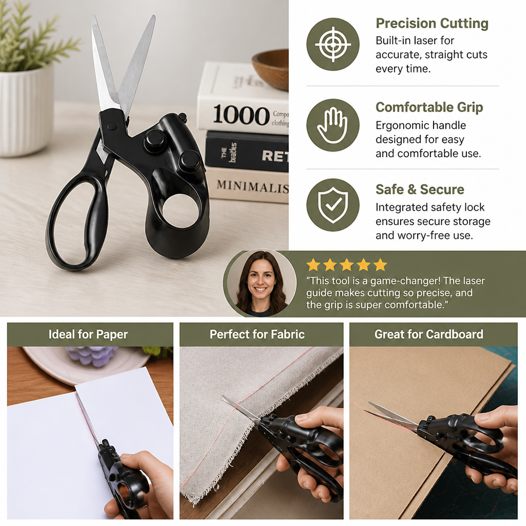 Infrared scissors, multi-purpose laser-guided scissors, garment cutting scissors, fabric cutting scissors, thread trimmers.
