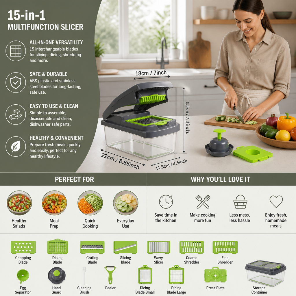 15-in-1 multifunction fruit & vegetable slicer – chop, dice & shred