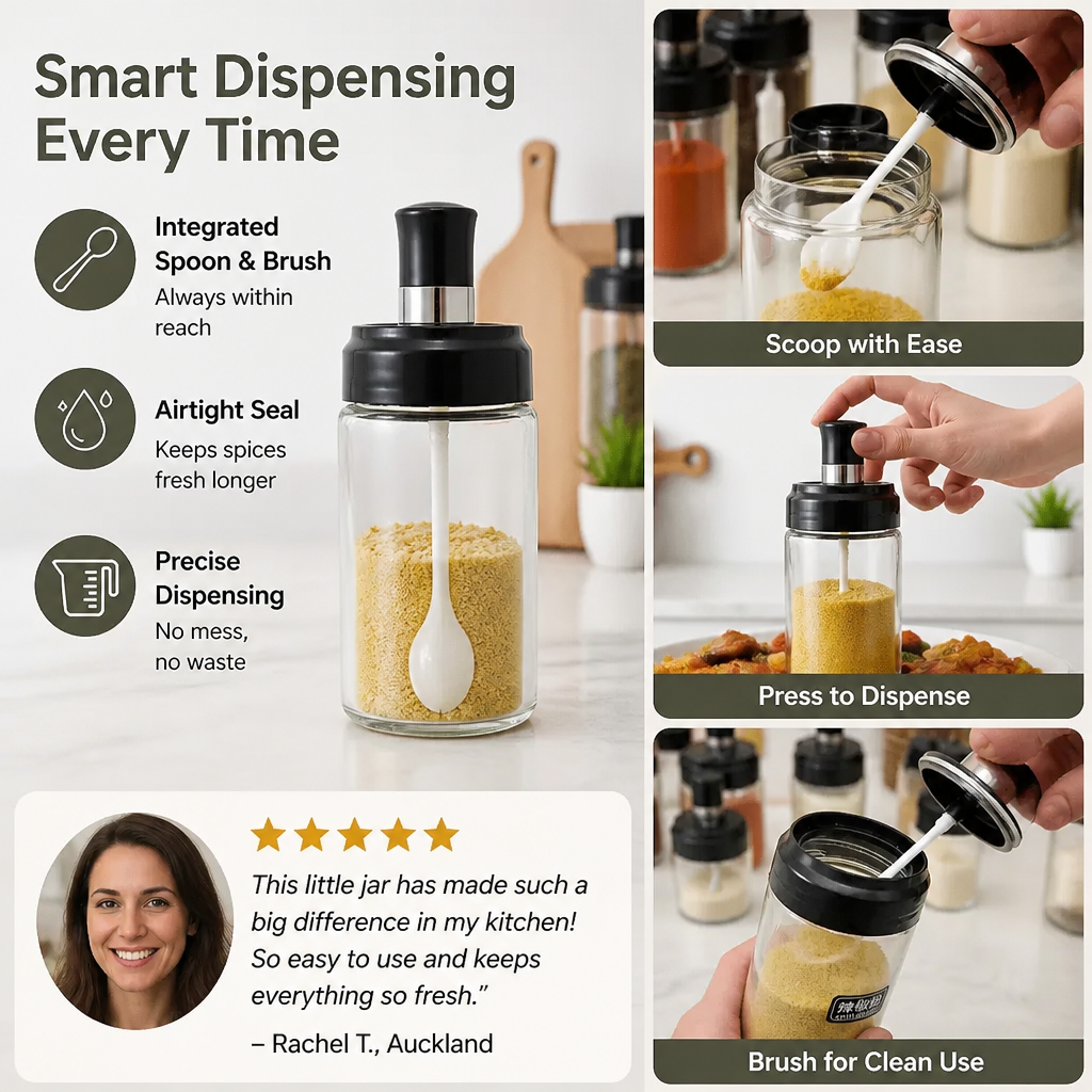 Spice Jar with Spoon & Brush - Practical Kitchen Container with Accessories