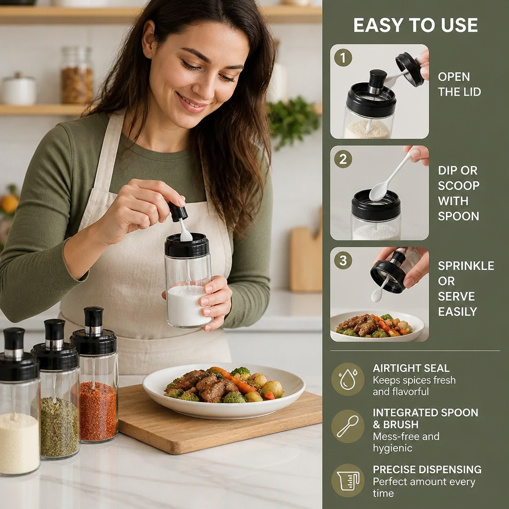 Spice Jar with Spoon & Brush - Practical Kitchen Container with Accessories