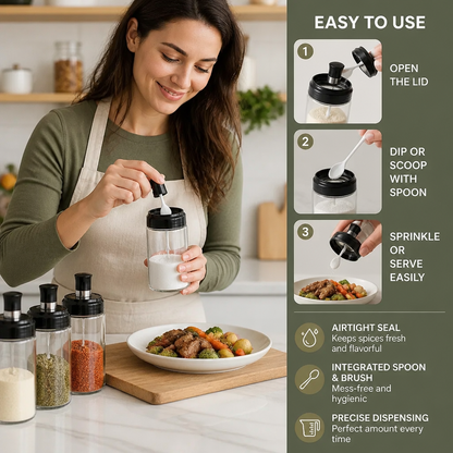 Spice Jar with Spoon & Brush - Practical Kitchen Container with Accessories