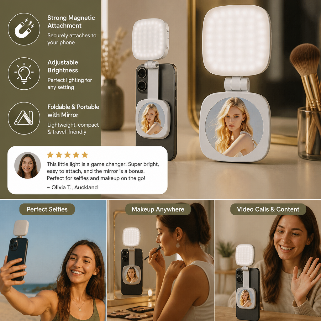 Magnetic LED Selfie & Beauty Light for Smartphones – Foldable, Portable with Mirror