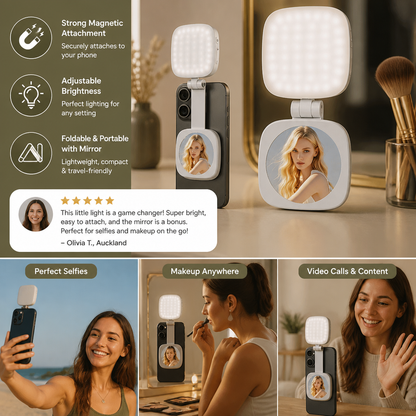 Magnetic LED Selfie & Beauty Light for Smartphones – Foldable, Portable with Mirror